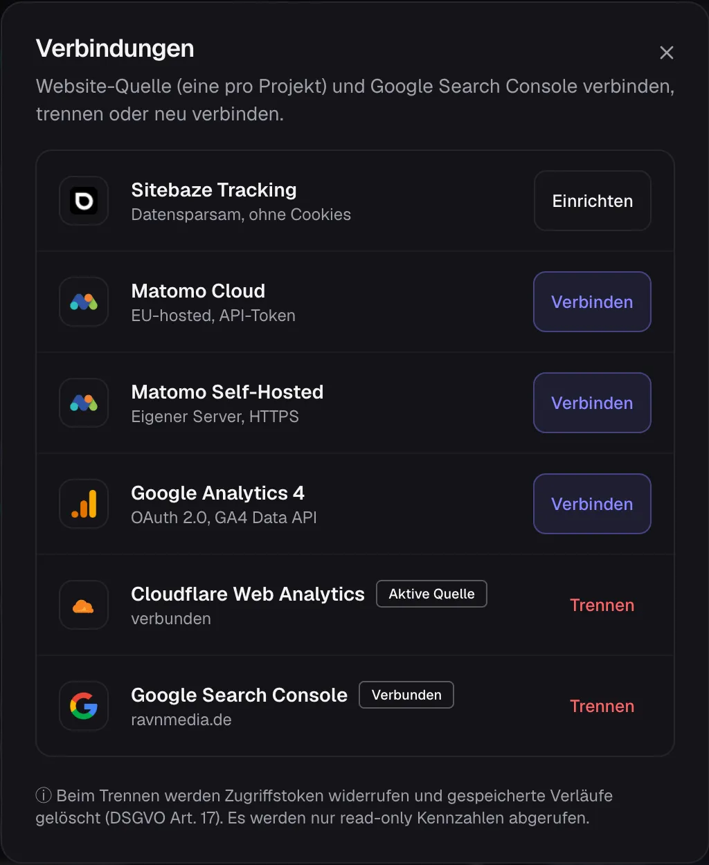 Sitebaze-Verbindungen-Dialog: Google Search Console mit einem Klick verbinden